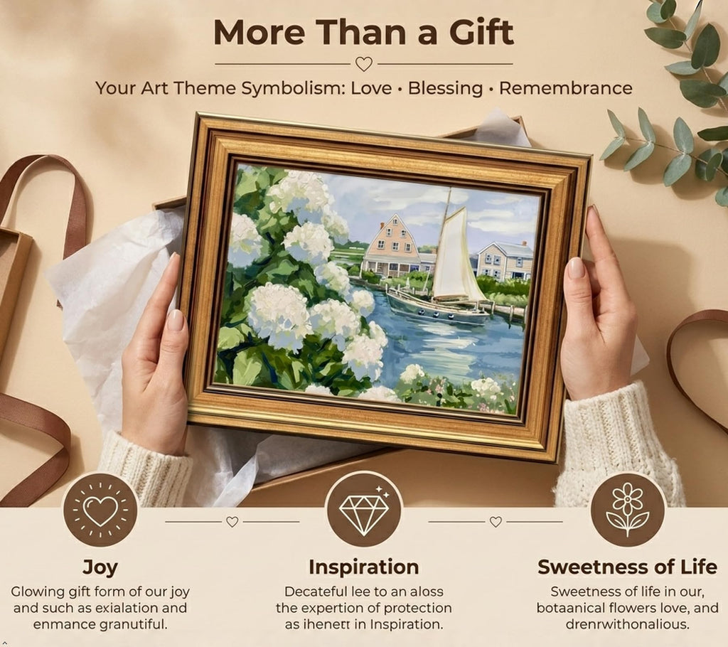 Gold Framed Vintage Coastal Canvas Wall Art, Hydrangea Seascape Wall Decor