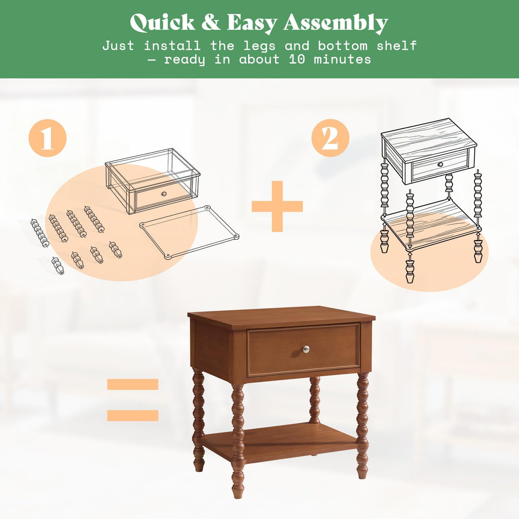 Walnut Nightstand Set of 2, Solid Wood Bedside Table, Brown 24"