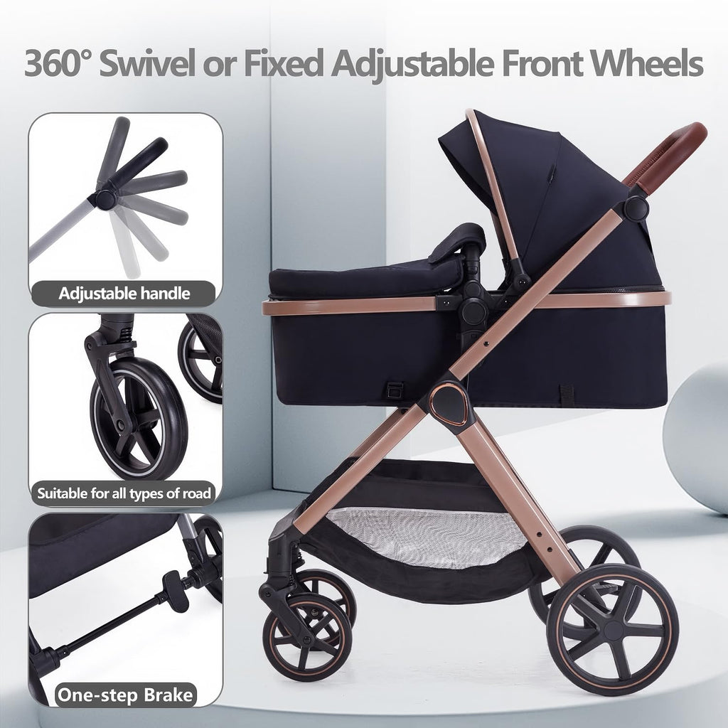 2 in 1 Baby Stroller, Newborn Infant Toddler Convertible Bassinet Pram Stroller for 0-36 Months Old Babies (Black)