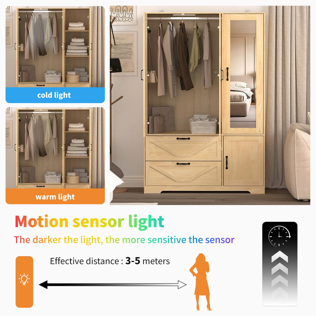 Armoire Wardrobe Closet with 3 Door, Bedroom Armoire with Mirror, LED Light, Hanging Rod, Drawers, Adjustable