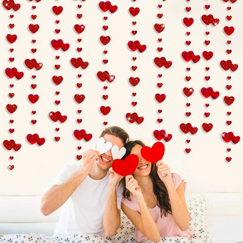 52Ft Valentines Day Party Decorations Red Heart Garland Metallic Glitter Hanging Heart Streamer Banner - Set of 4