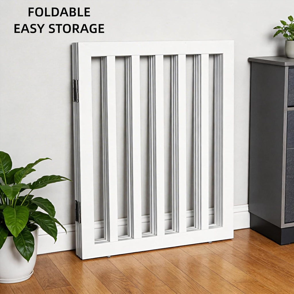 Freestanding Indoor Dog Gate Foldable Wood White Puppy Gate for Doorways Pet Gate for Stairs Extra Wide Pet Fence 24"