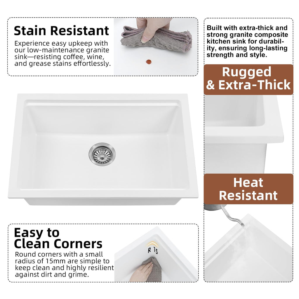 White Undermount Kitchen Sink 27 Inch, 27 x 18 Dual Mount Granite Composite Workstation Kitchen Sink, Deep Single
