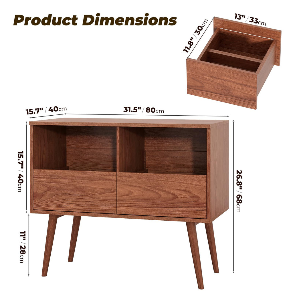 Mid Century Modern Record Player Stand with Vinyl Storage, Brown
