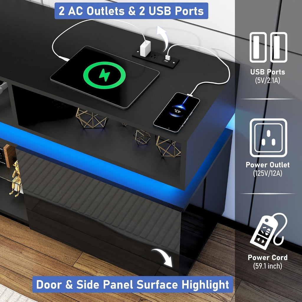 Fireplace TV Stand for 95" TV, 83" LED Entertainment Center with 40" Fireplace & Power Outlets, High Gloss TV Stand