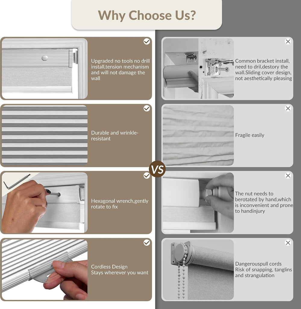 No Drill Cellular Shades for Indoor Windows,White, | Noise Reducing & Thermal Insulating Honeycomb Blinds,Cordless
