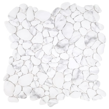 Pebble Tile for Shower Floor Border Kitchen Bathroom Backsplash, Carrara White Recycled Glass Marble Stone