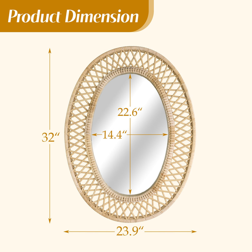 Oval Rattan Wall Mirror - 24x32 Inch Boho Elegance with Woven Frame, Decorative Mirror Vanity Entryway Living Room