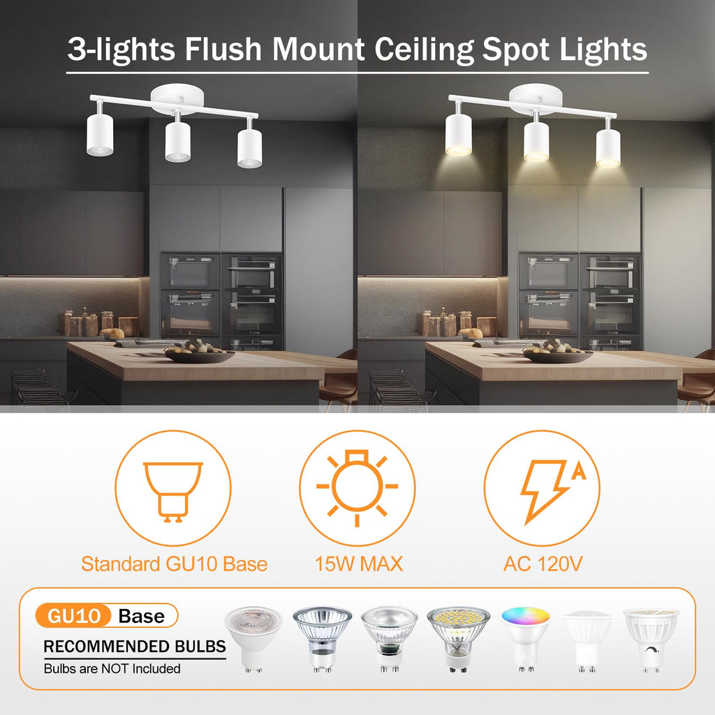 White Track Lighting, 3 Light Track Lighting Kit, White 3 Way Modern Ceiling Spotlight, Flexibly Rotatable Light