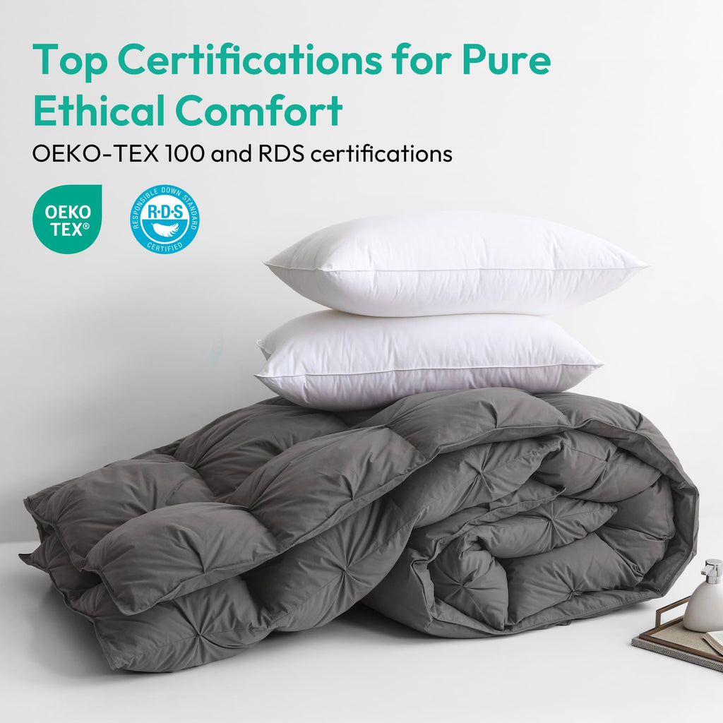 Pinch Pleat Waterfowl Feathers and Down Comforter King Size Duvet Insert, 750+ Fill Power, 100% Cotton, Premium