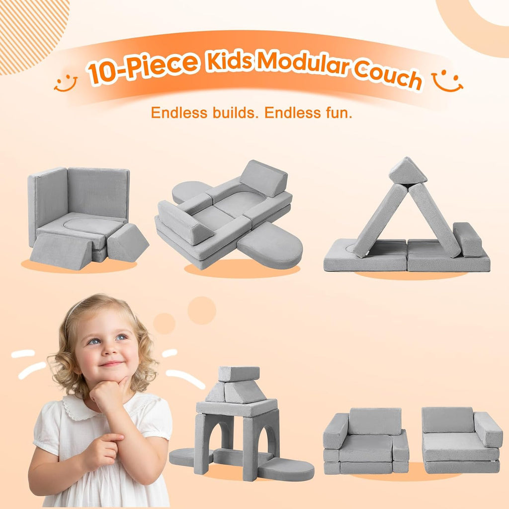 Kids Couch, Light Grey Modular Foam Play Couch, Ages 3+