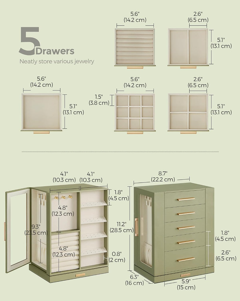 Jewelry Box Organizer, 360° Rotating, 5 Drawers, Laurel Green