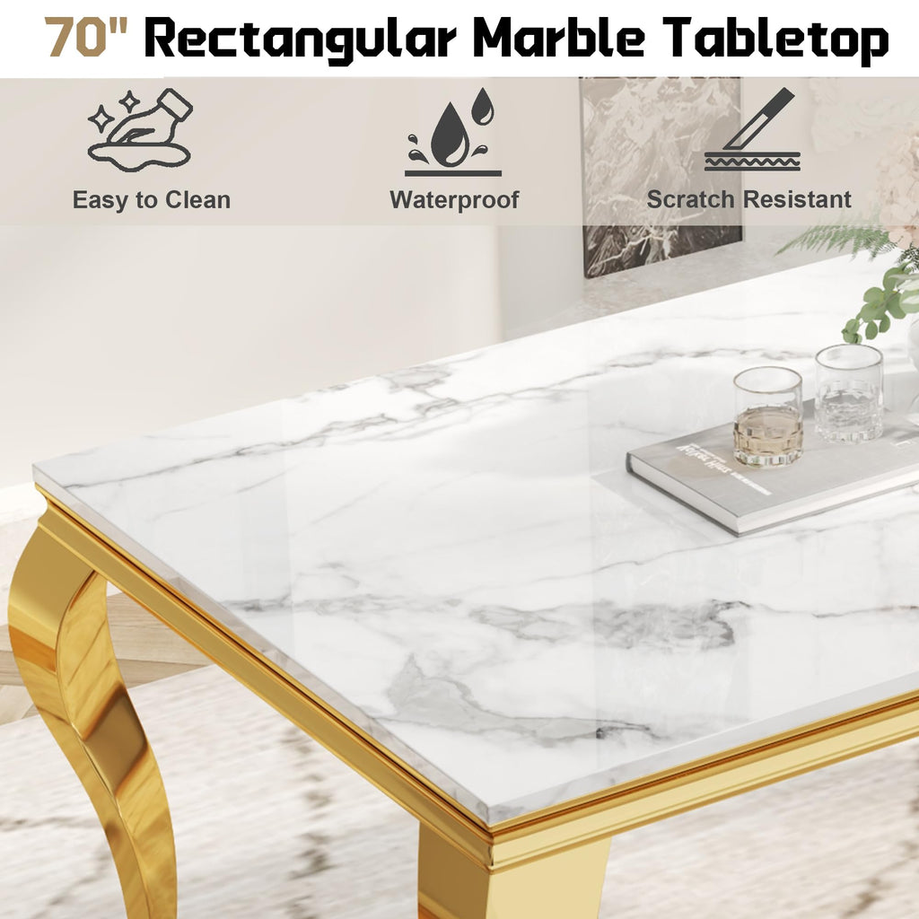 7-Piece Dining Table Set for 6, Faux Marble Dining Table Set with 70'' Marble Dinner Table and 6 Velvet Wing Back