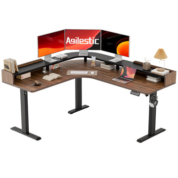 L Shaped Standing Desk with Monitor Shelf, 63 Inch, Dark Walnut