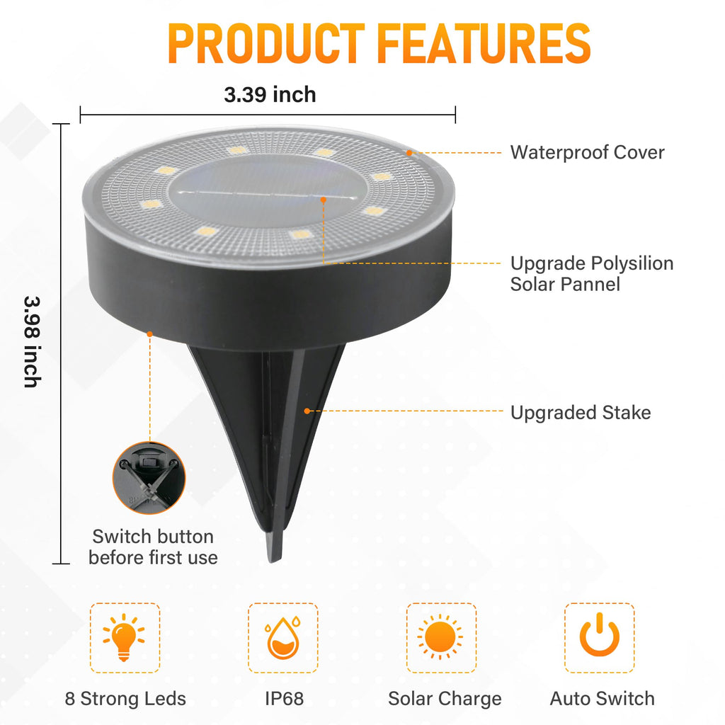 Solar Ground Lights 8 Pack, IP68 Waterproof Solar In-Ground Light for Outdoor, Flat Landscape Lighting, Garden Disc