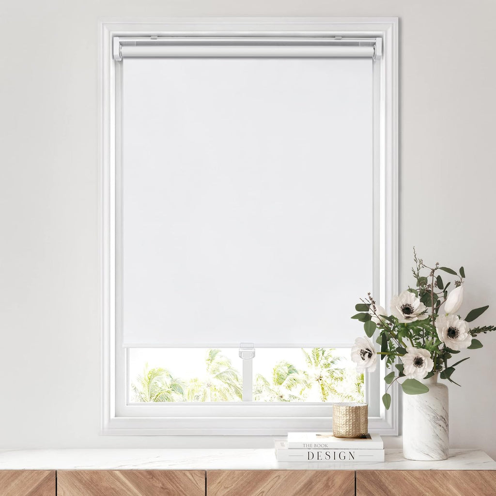 No Drill Cordless Roller Shades, 27x72, White | 100% Blackout Roller Blinds for Windows, Thermal Insulated UV