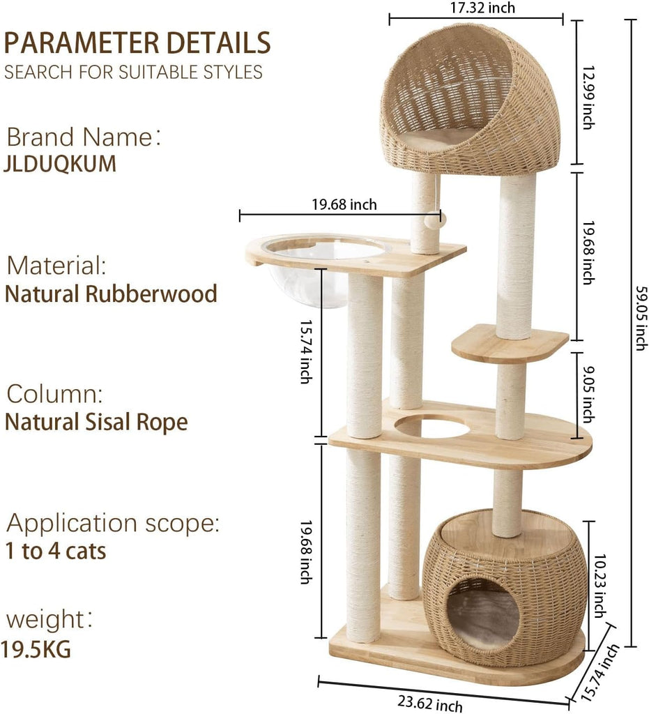 Wood Cat Tree for Indoor Cats, 59in Tall Cat Tower