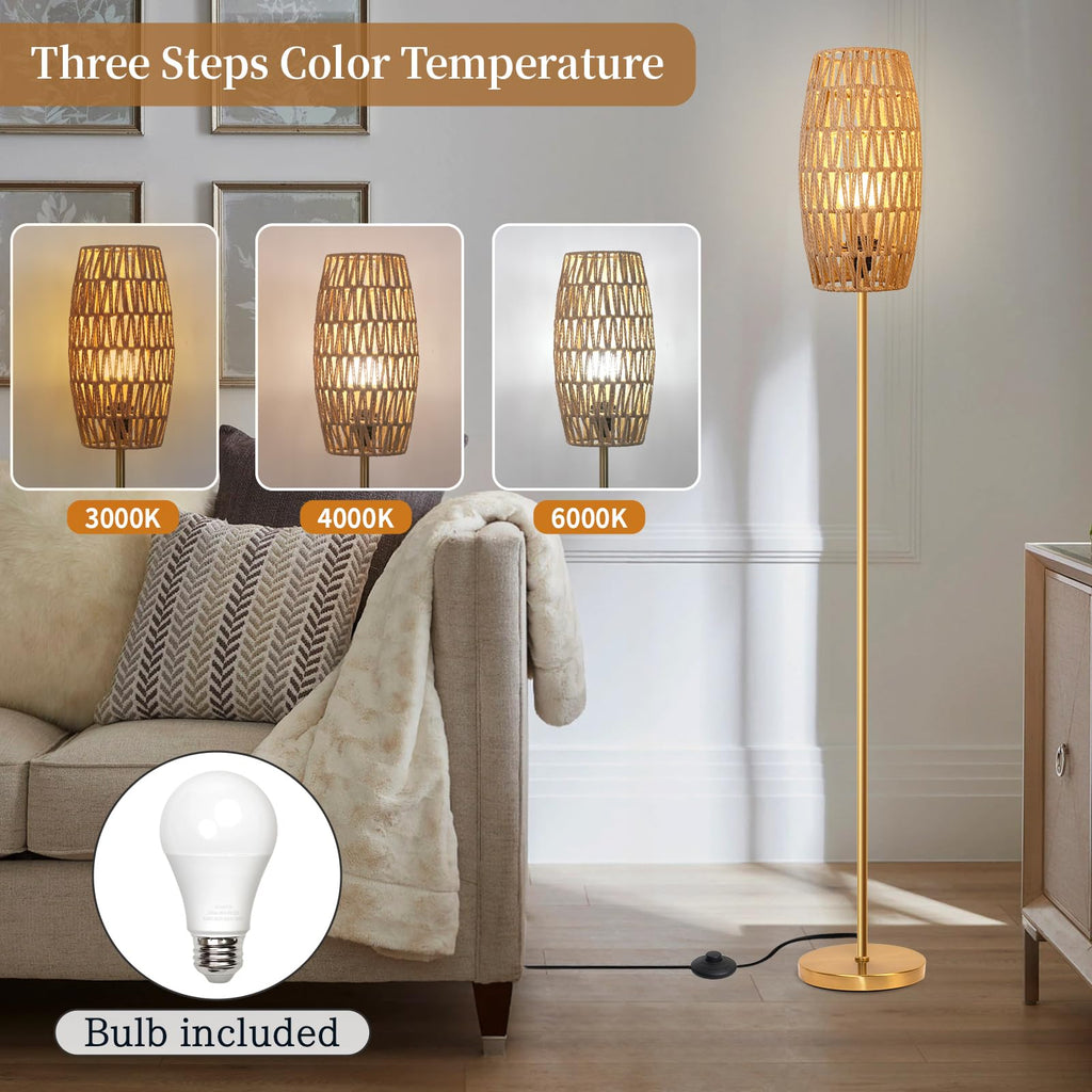 Floor Lamp,Farmhouse Floor lamp,Modern Standing lamp with Hand-Worked Rattan Shade (Drum Rattan Shade Body Gold
