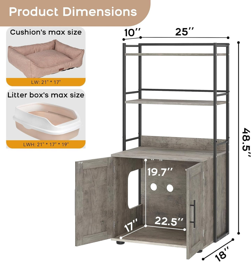 Cat Litter Box Enclosure with 3 Metal Storage Shelves