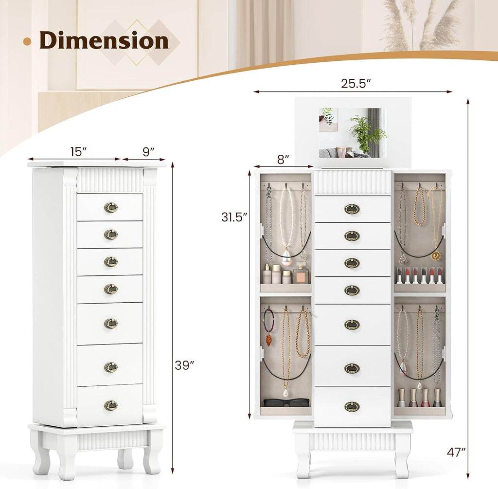 Jewelry Armoire, Standing Jewelry Box w/Mirror & 7 Drawers, White