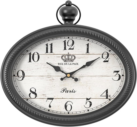 Retro Oval Wall Clock. Black Vintage Antique Style. Battery Operated Decor Wall Clocks for Farmhouse