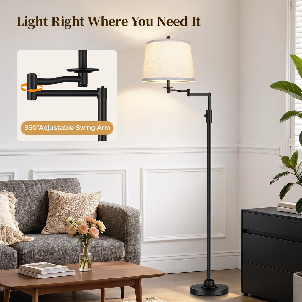 Dimmable Floor Lamp with 350° Swing Arm, 9w Bulb Included, Matte Black