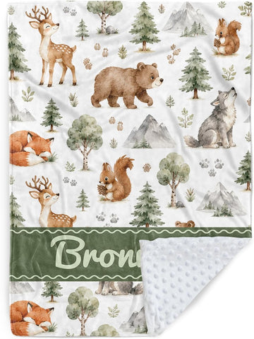 Boy Blanket with Name, Custom Minky Dot Baby Blankets with Woodland Theme, Soft Plush Crib Blanket Decor