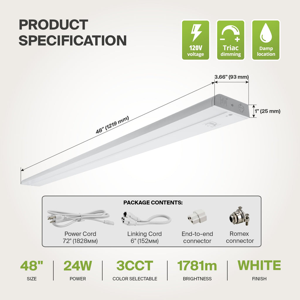 LED Under Cabinet Lighting, 48 Inch 24W, Plug in or Hardwired