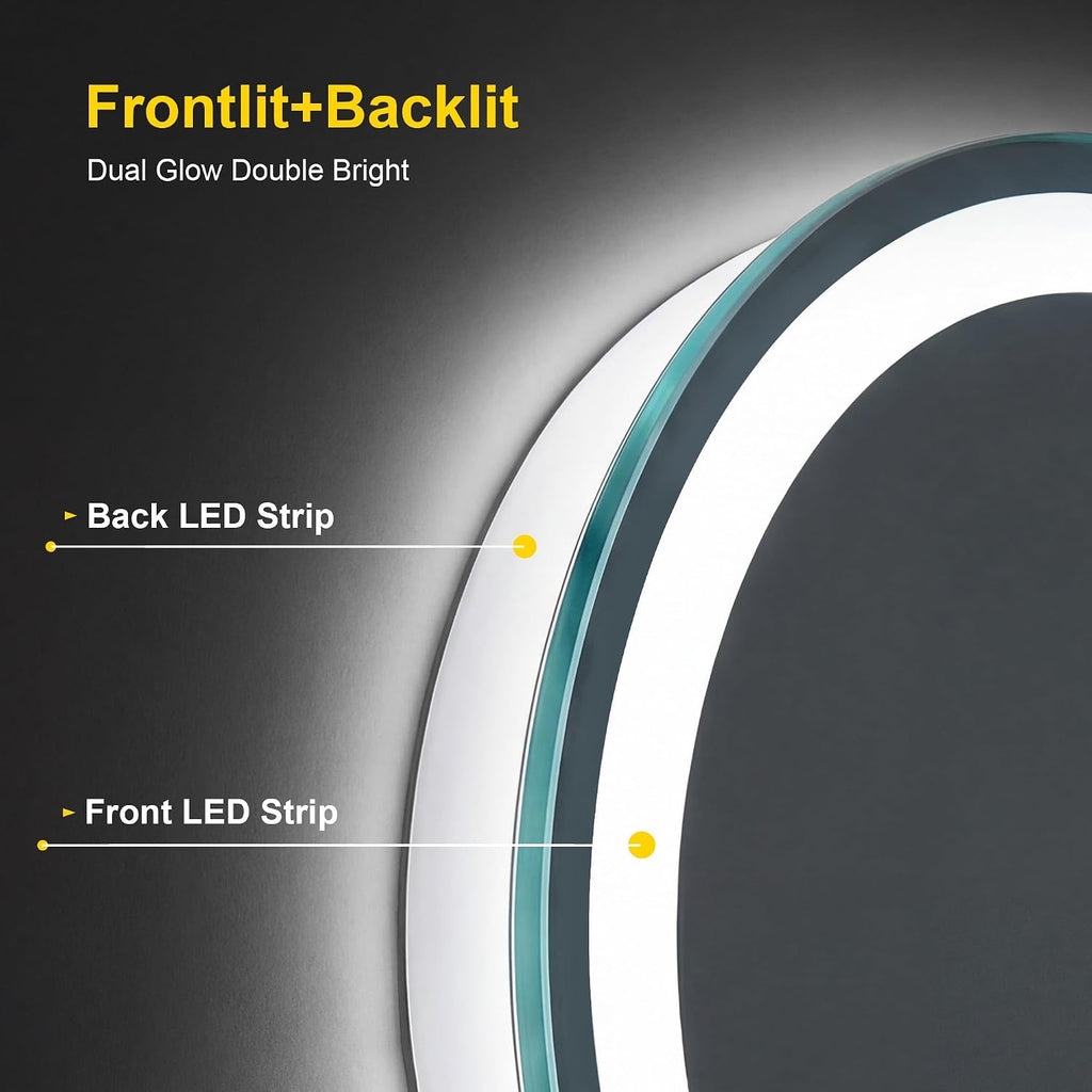 Round LED Bathroom Mirror with Lights, 24 Inch Circle Lighted Vanity Mirror, Anti-Fog, Dimmable 3 Colors