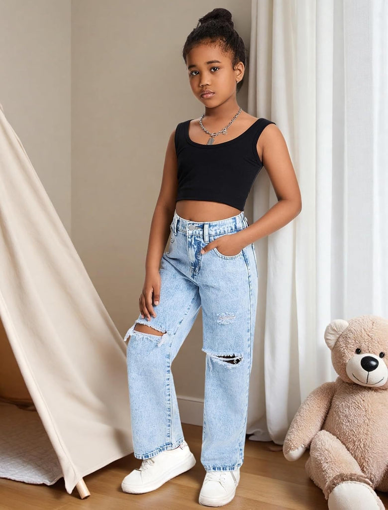 Jeans for Girls Baggy Wide Leg Ripped High Elastic Waisted Denim Pants Y2K Boyfriend Skater Streetwear Cute Trousers
