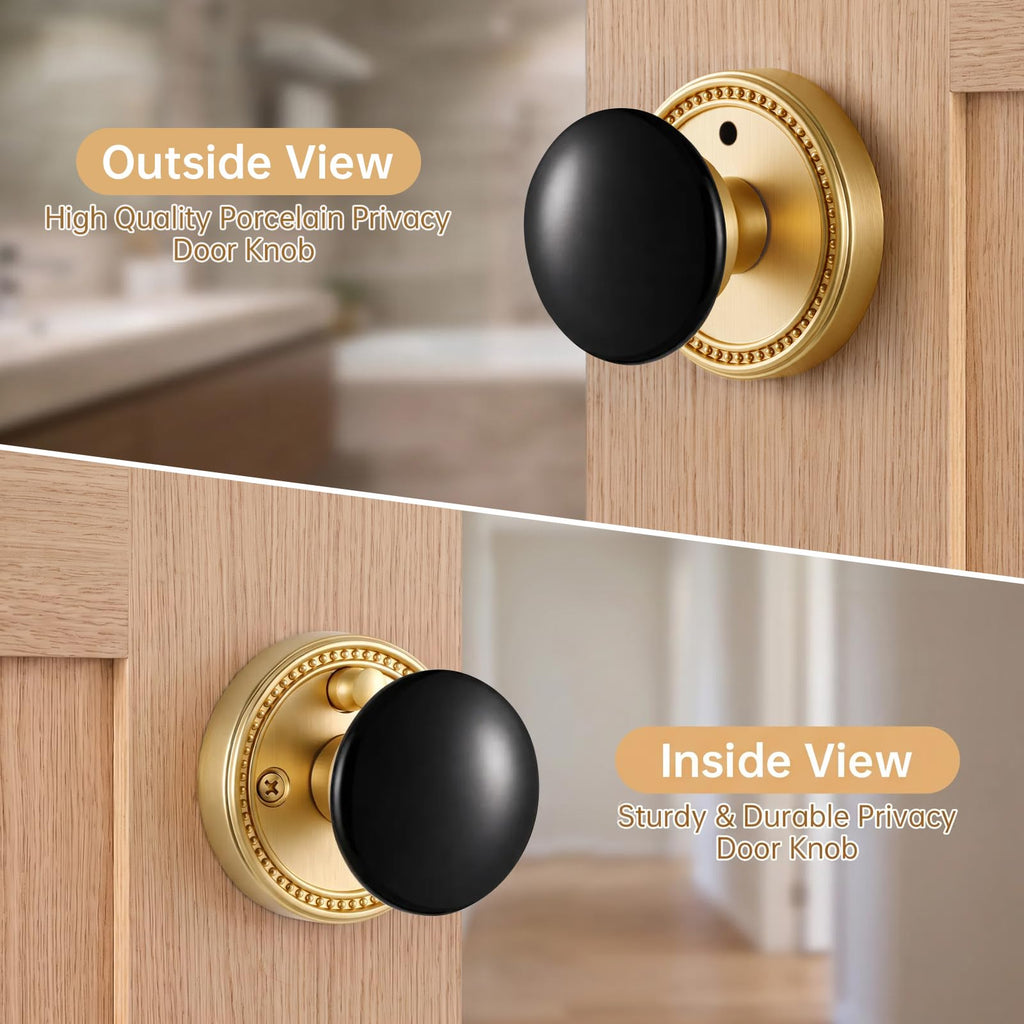 Black Porcelain Privacy Door Knob with Gold Base, 1 Pack