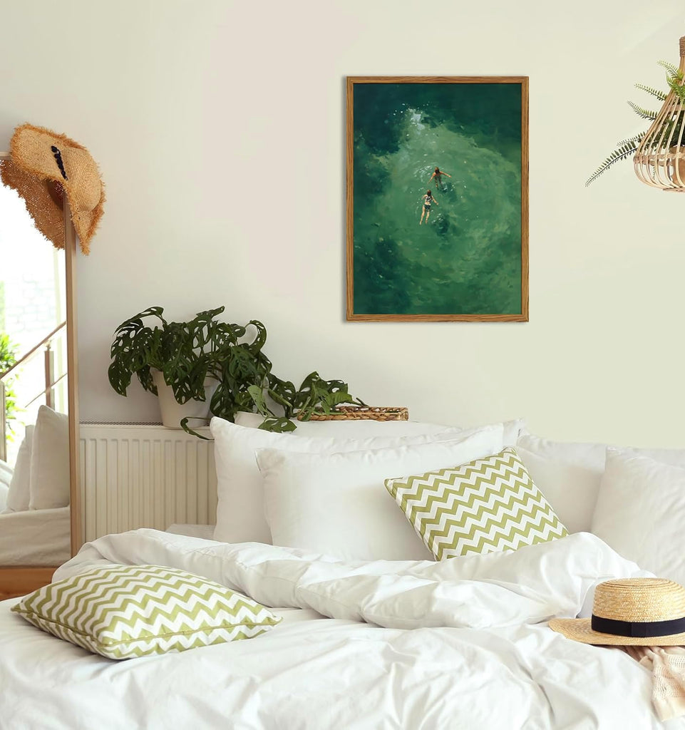 Framed Tiny People Swimming Canvas Wall Art, Minimalist Green Water Pictures Wall Decor, Abstract Summer Beach