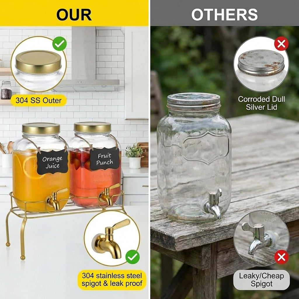 Gallon Glass Drink Dispenser - Drink Dispensers for Parties, Beverage Dispenser with Stand & 100% - Set of 2