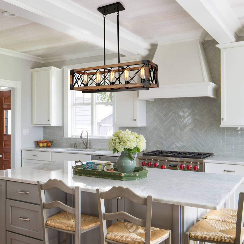 Rectangle Wood Chandelier Farmhouse Style Dining Room Kitchen Lighting Fixtures, 5 Lights Ceiling Hanging Pendant