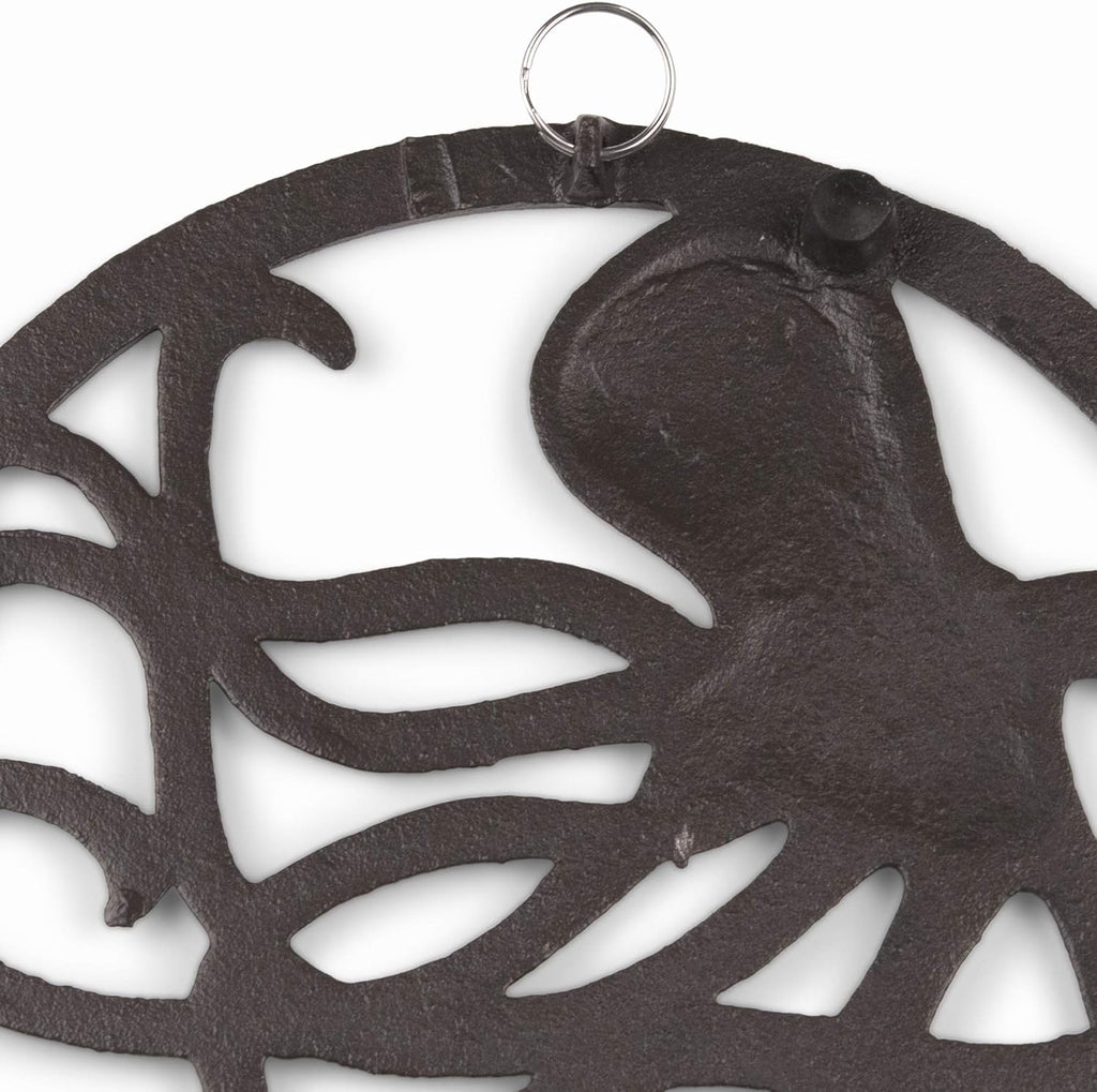 Cast Iron Trivet for Hot Dishes, Pots, and Pans, Metal Trivet, Octopus Design, Rubber Feet Caps, Ring Hanger, 8