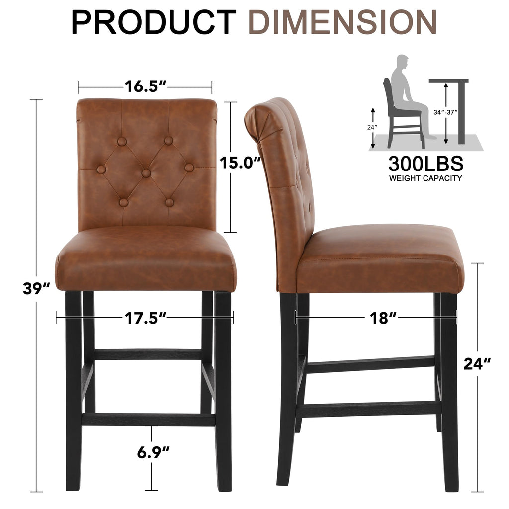 Counter Height Barstools Fabric Upholstered Counter Stool with Rubber Wood Legs Bar Chair Island (Brown, Set of 4)