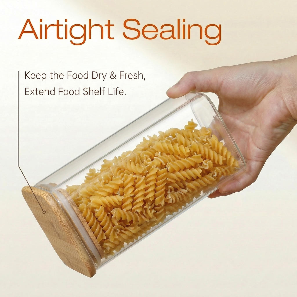 Square Glass Jars with Bamboo Lids [Muti Size Set of 5], Glass Canisters with Airtight Lids, Glass Food Storage