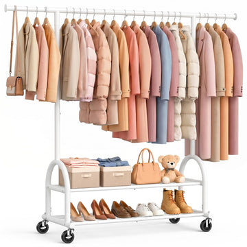Rolling Clothes Rack Heavy Duty Clothing Racks with 2 Shelves, White