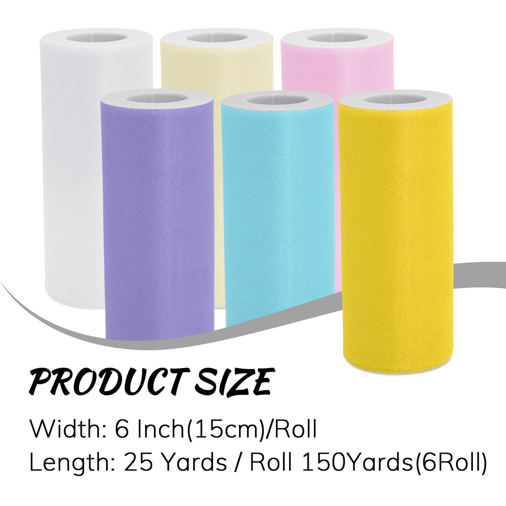 6 Rolls Tulle Mesh Set 150 Yards Total 6 Inch x 25 Yards Pastel Colors Perfect for DIY Crafts Party Decorations Home