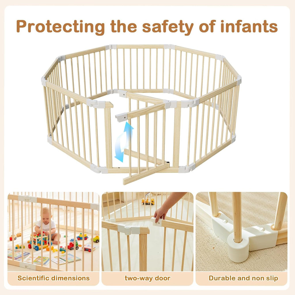 Baby Playpen, Wooden Play Yard with Gate, Playpen for Babies and Toddlers, Baby Activity Center with Child-Proof