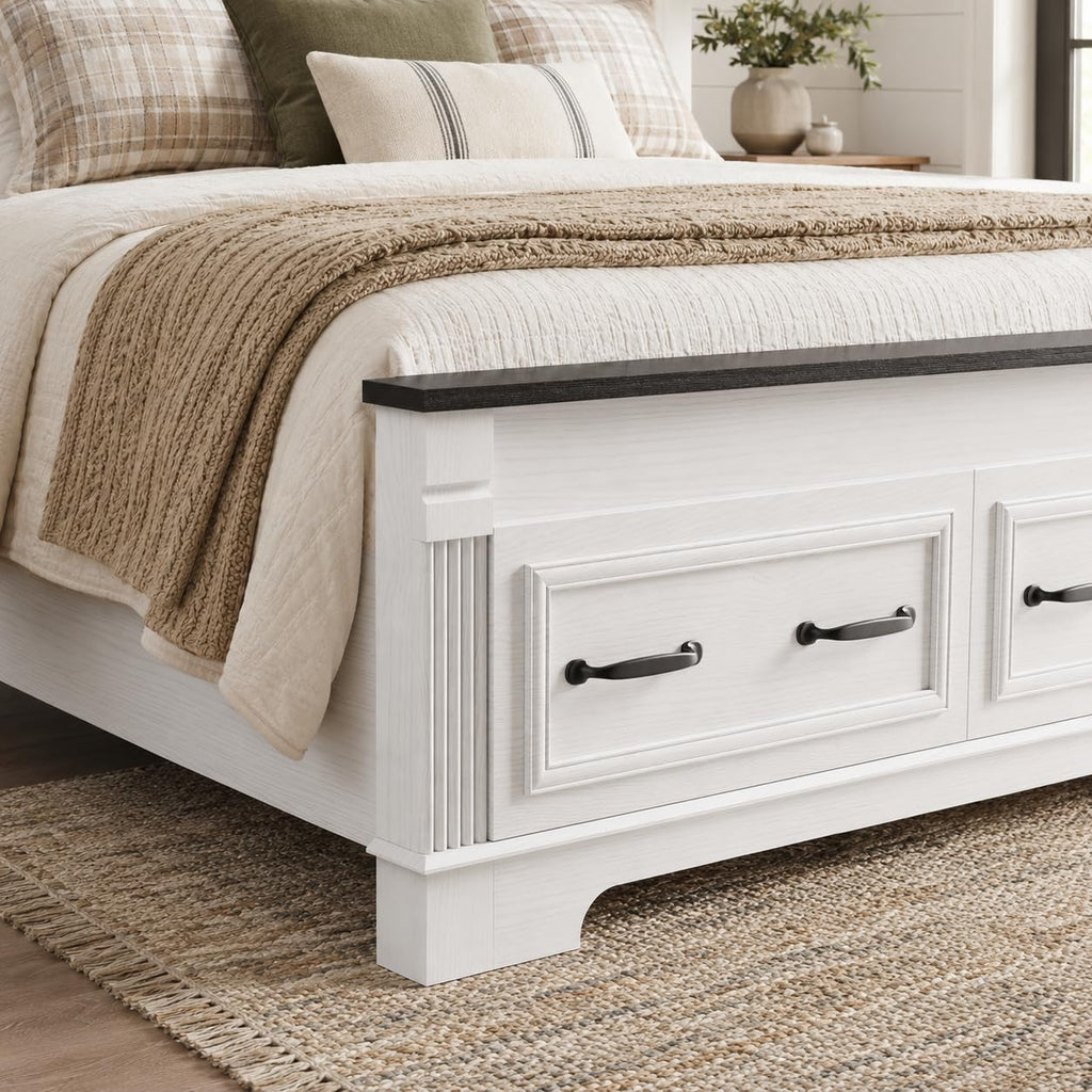 Farmhouse Bed Frame 51" Headboard Storage Drawers Roman Footboard