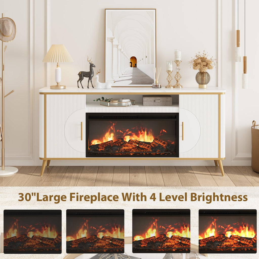 Fluted Fireplace TV Stand Up to 80" TVs, Modern Entertainment Center with 30" Electric Fireplace, Luxury Media
