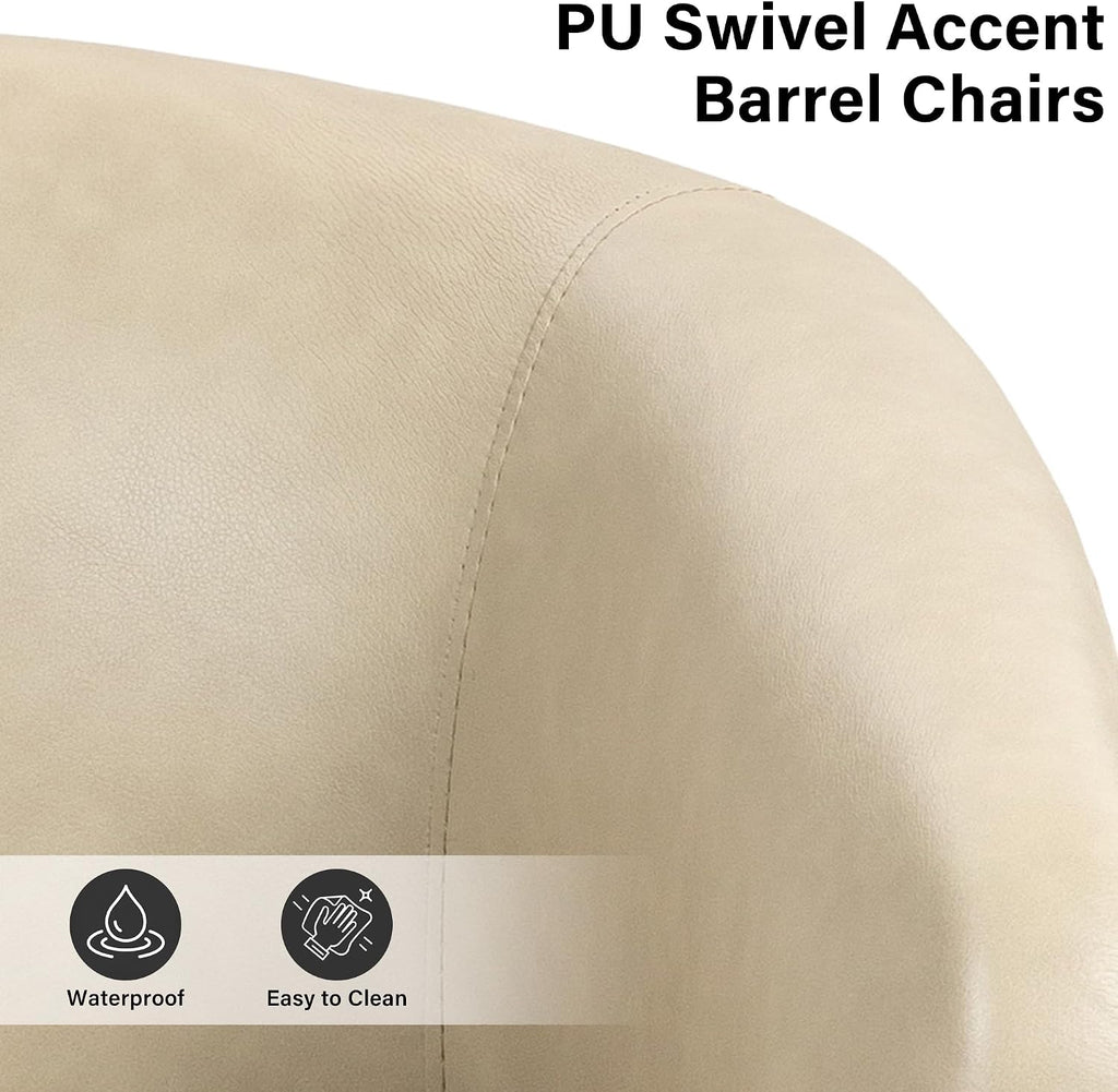 Faux Leather Swivel Accent Barrel Chairs, Round Armchair, Cream - Set of 2