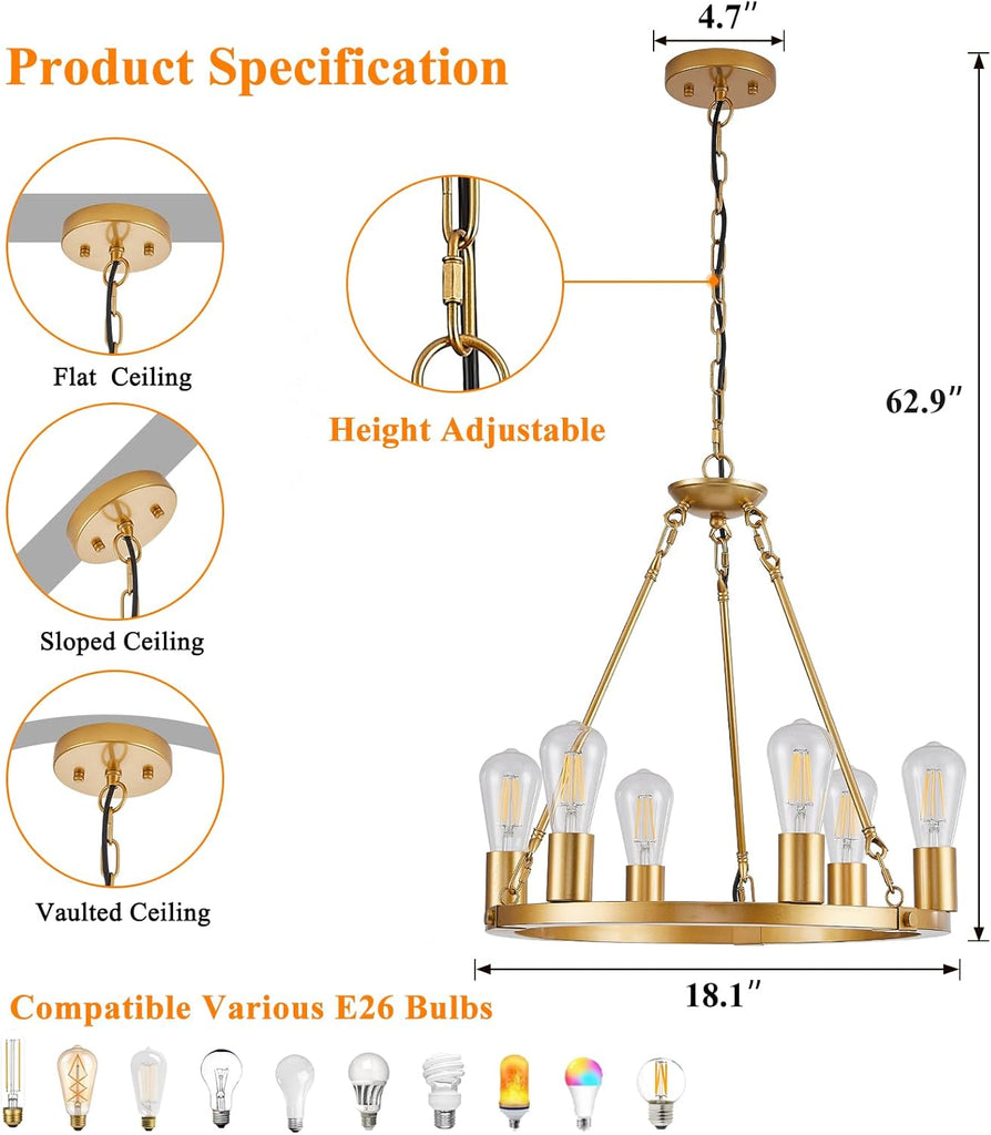 Inspired Camino Style Chandelier - 6 Lights Gold Wagon Wheel Chandelier, Modern Golden Pendant Lights Fixtures for Living Room, Bedroom, Entryway, Foyer, Haning Light with 18.1", E26 Bulbs A105-B0D78CKLVQ