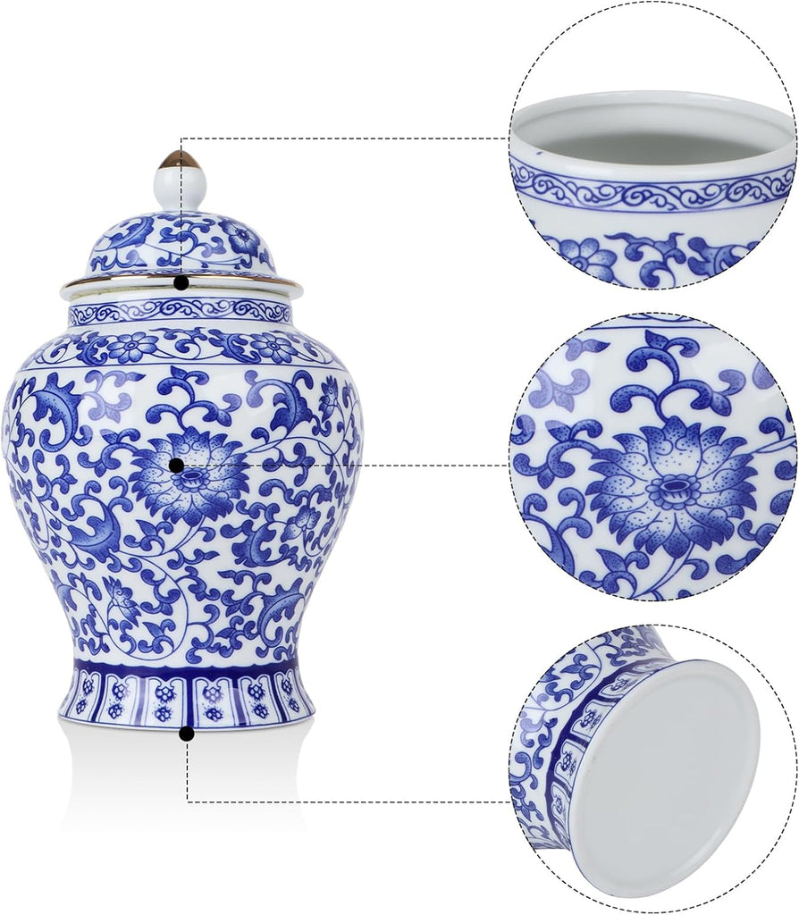 Chinoiserie Ginger Jar,7.6 Inch Ceramic Blue and White Ginger Jar w/Lid,Porcelain Ginger Jars Vase,Coffee