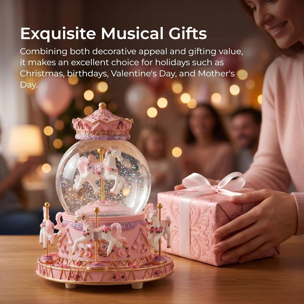 Carousel Snow Globe Music Box: LED Light Rotating Horses for Girls