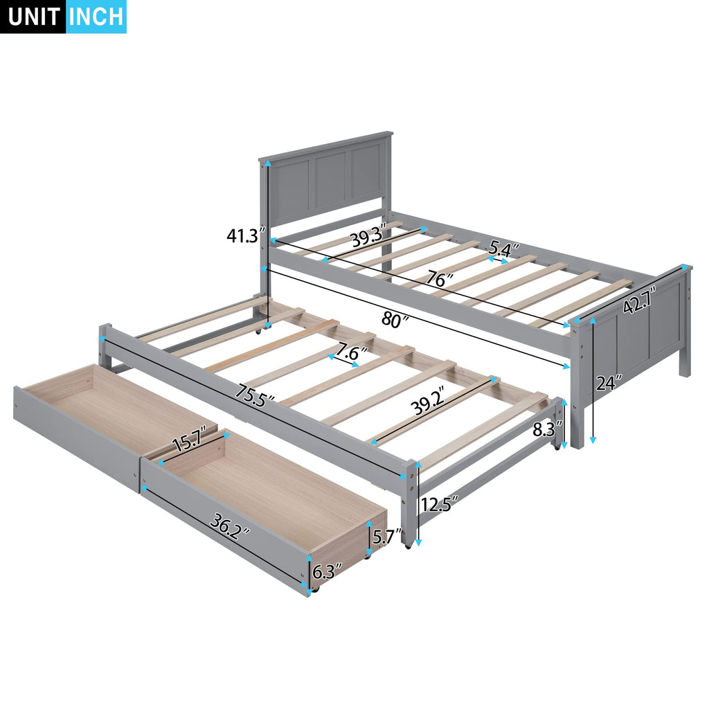 Twin Size Platform Bed with Trundle and Drawers, Wood Twin Platform Bed Frame, Twin Daybed with Trundle & Drawers