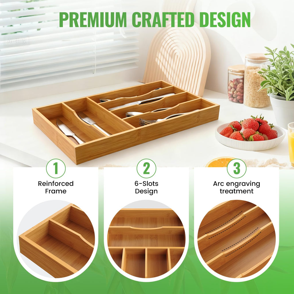 Bamboo Silverware Organizer, Bamboo Kitchen Drawer Cutlery Organizer, Utensil Holder, Flatware Organizer Tray