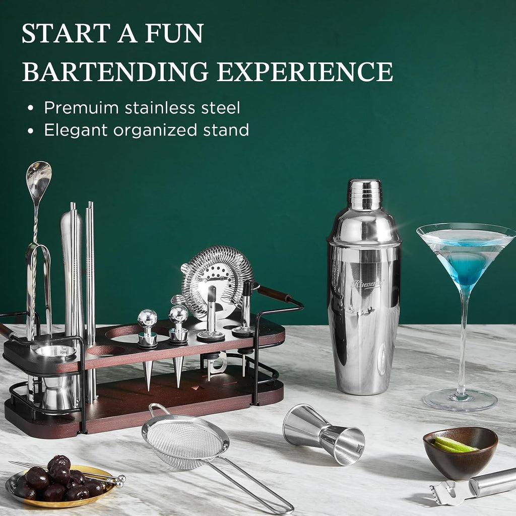 Cocktail Shaker Set Bartender Kit with Stand | Complete 24-Piece Bar Set Cocktail Kit with All Bar Accessories: - Set of 24
