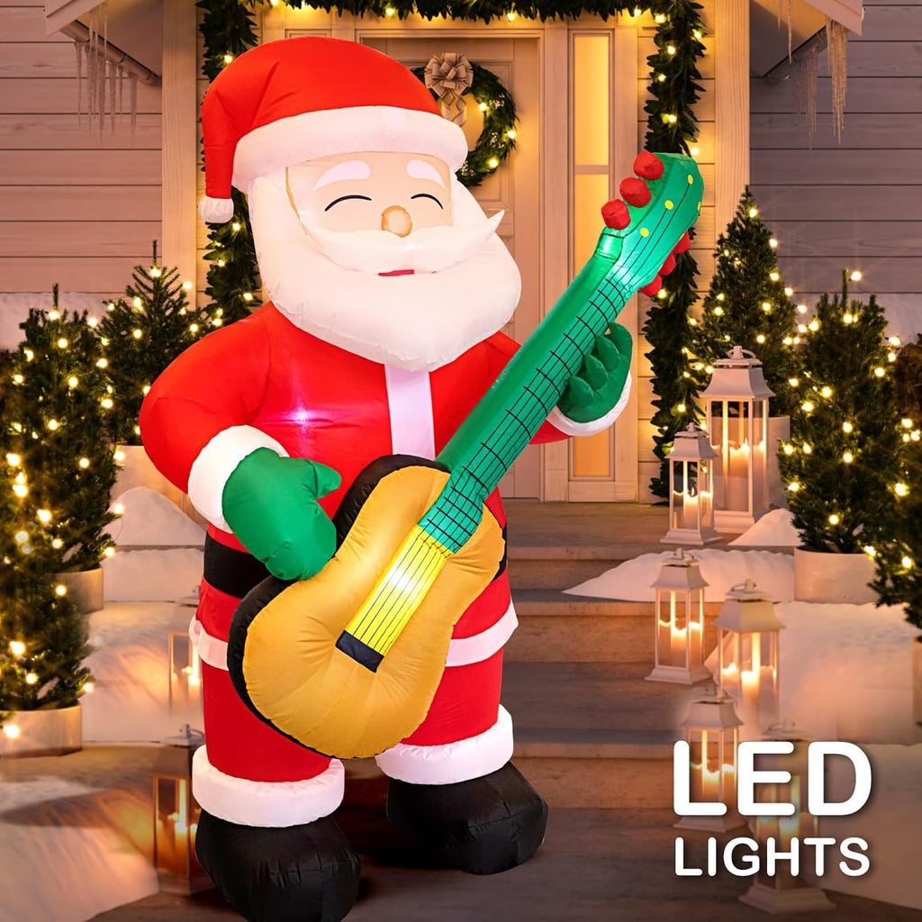 6.5 FT Christmas Inflatable Santa Claus with Guitar, Blow Up Santa Christmas Decorations Outdoor, Unique Lighted Xmas